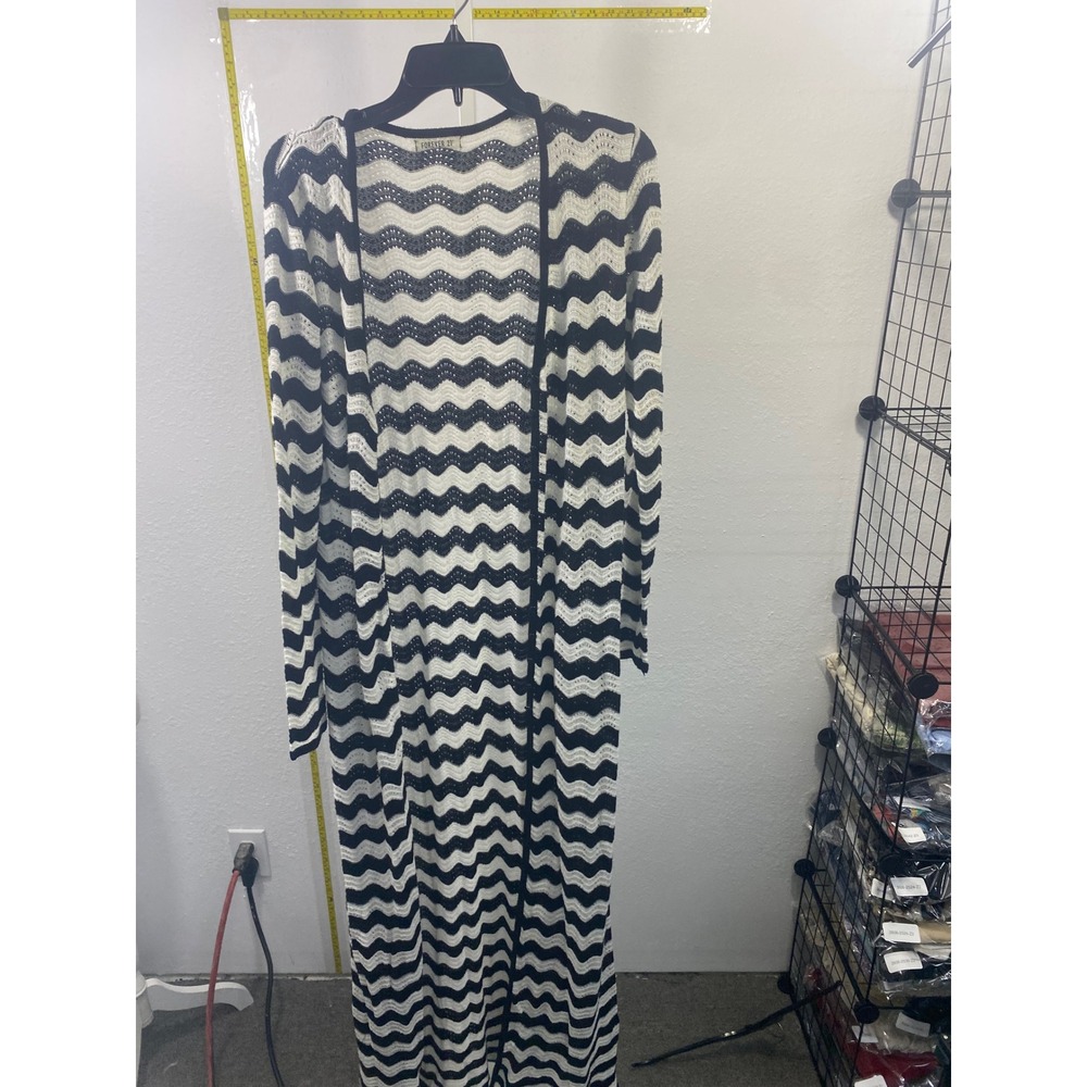 Forever 21 Black‎ White Chevron Zig Zag Knit Longline Duster Cardigan Maxi Small